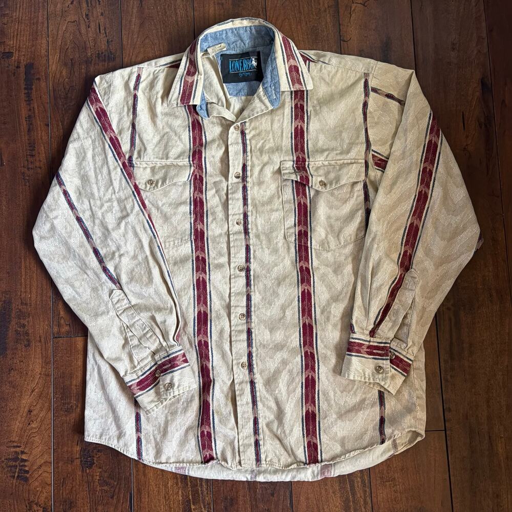 Vintage Lone ROO by Roper Button Up Shirt Mens M Beige Aztec Tribal 90s Western